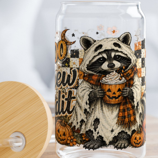 Boo Brew Bandit Ghost Raccoon Glass Cup and Cup Wrap
