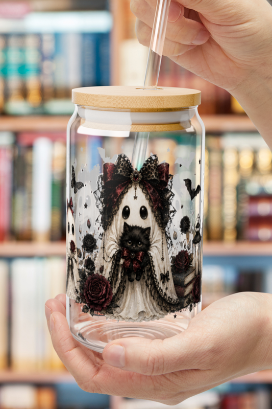 Gothic Ghost Libbey Glass Cup, Cute Spooky Ghost PNG Wrap, Black Cat Halloween Glass Can, Coquette Goth Iced Coffee Cup, 16oz Glass Tumbler Gift