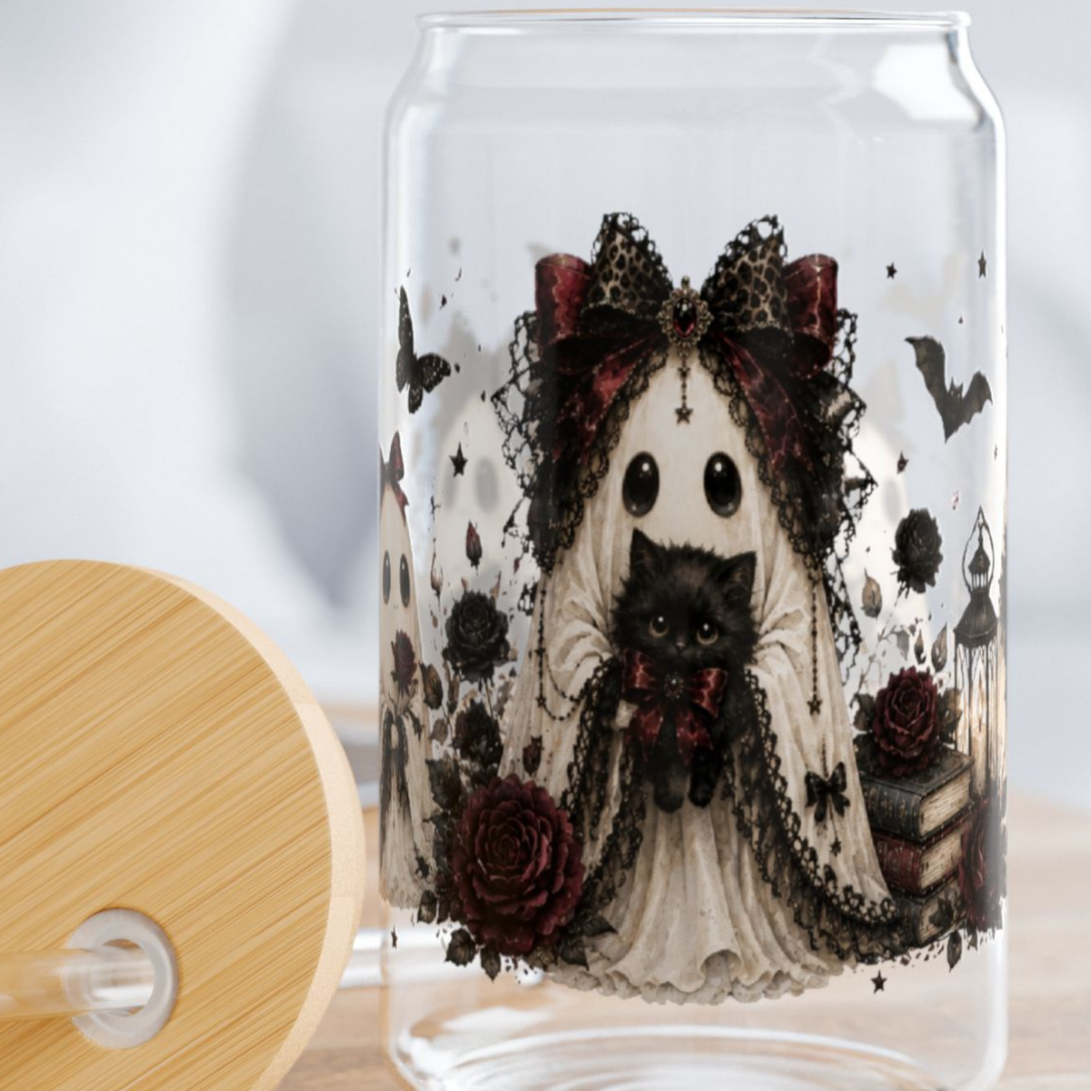 Gothic Ghost Libbey Glass Cup, Cute Spooky Ghost PNG Wrap, Black Cat Halloween Glass Can, Coquette Goth Iced Coffee Cup, 16oz Glass Tumbler Gift