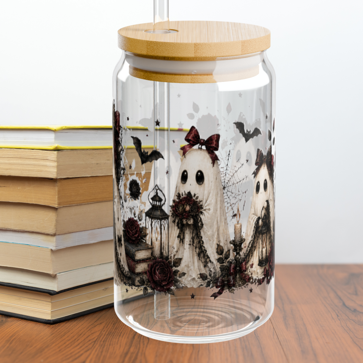 Gothic Ghost Libbey Glass Cup, Cute Spooky Ghost PNG Wrap, Black Cat Halloween Glass Can, Coquette Goth Iced Coffee Cup, 16oz Glass Tumbler Gift