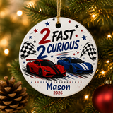 Two Fast Two Curious Ornament, Personalized 2nd Birthday Ornament, Race Car Birthday Keepsake, Boys Racing Birthday Gift, Name Year Ornament