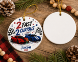 Two Fast Two Curious Ornament, Personalized 2nd Birthday Ornament, Race Car Birthday Keepsake, Boys Racing Birthday Gift, Name Year Ornament