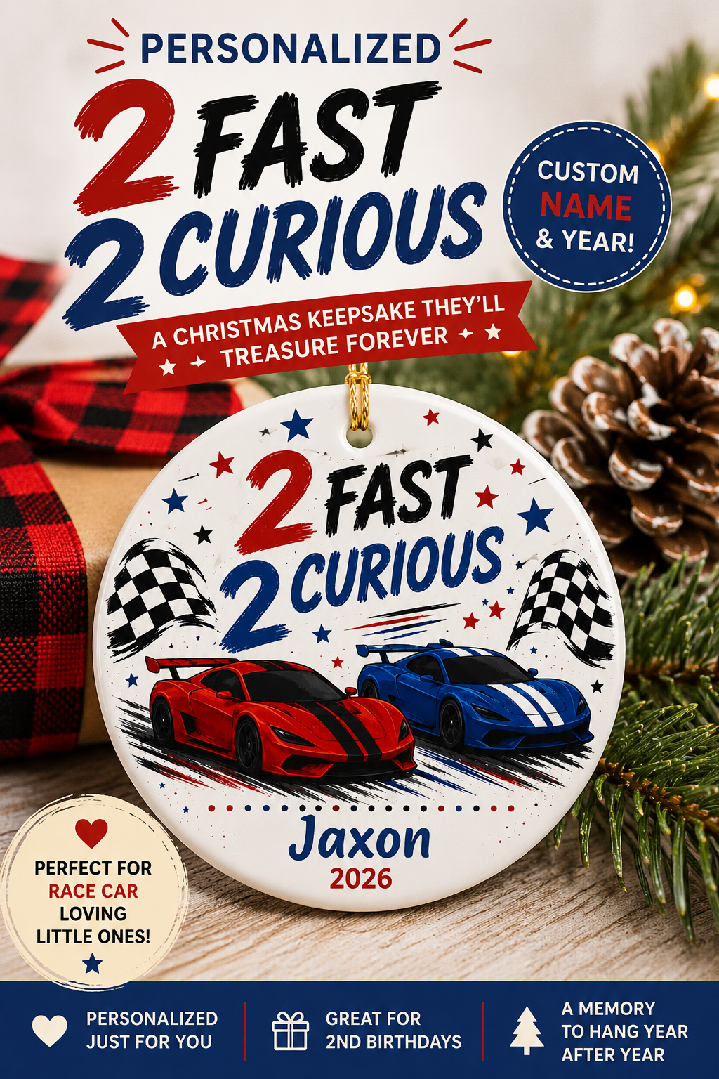 Two Fast Two Curious Ornament, Personalized 2nd Birthday Ornament, Race Car Birthday Keepsake, Boys Racing Birthday Gift, Name Year Ornament