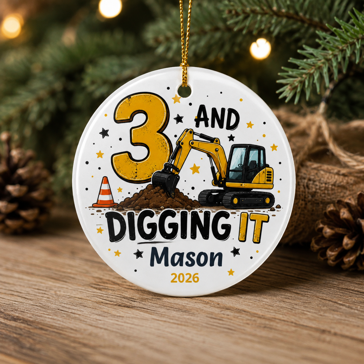 Personalized 3 And Digging It Ornament, 3rd Birthday Ornament, Construction Ornament, Excavator Birthday Gift, Third Birthday Keepsake