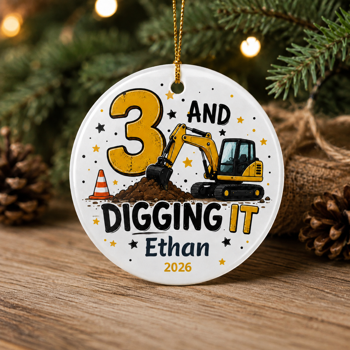 Personalized 3 And Digging It Ornament, 3rd Birthday Ornament, Construction Ornament, Excavator Birthday Gift, Third Birthday Keepsake