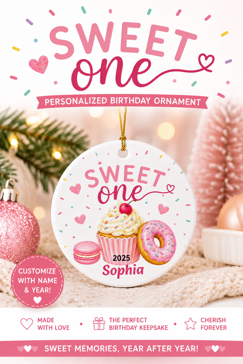 Sweet One Birthday Ornament, Personalized 1st Birthday Christmas Ornament, First Birthday Keepsake, Name and Year Ornament