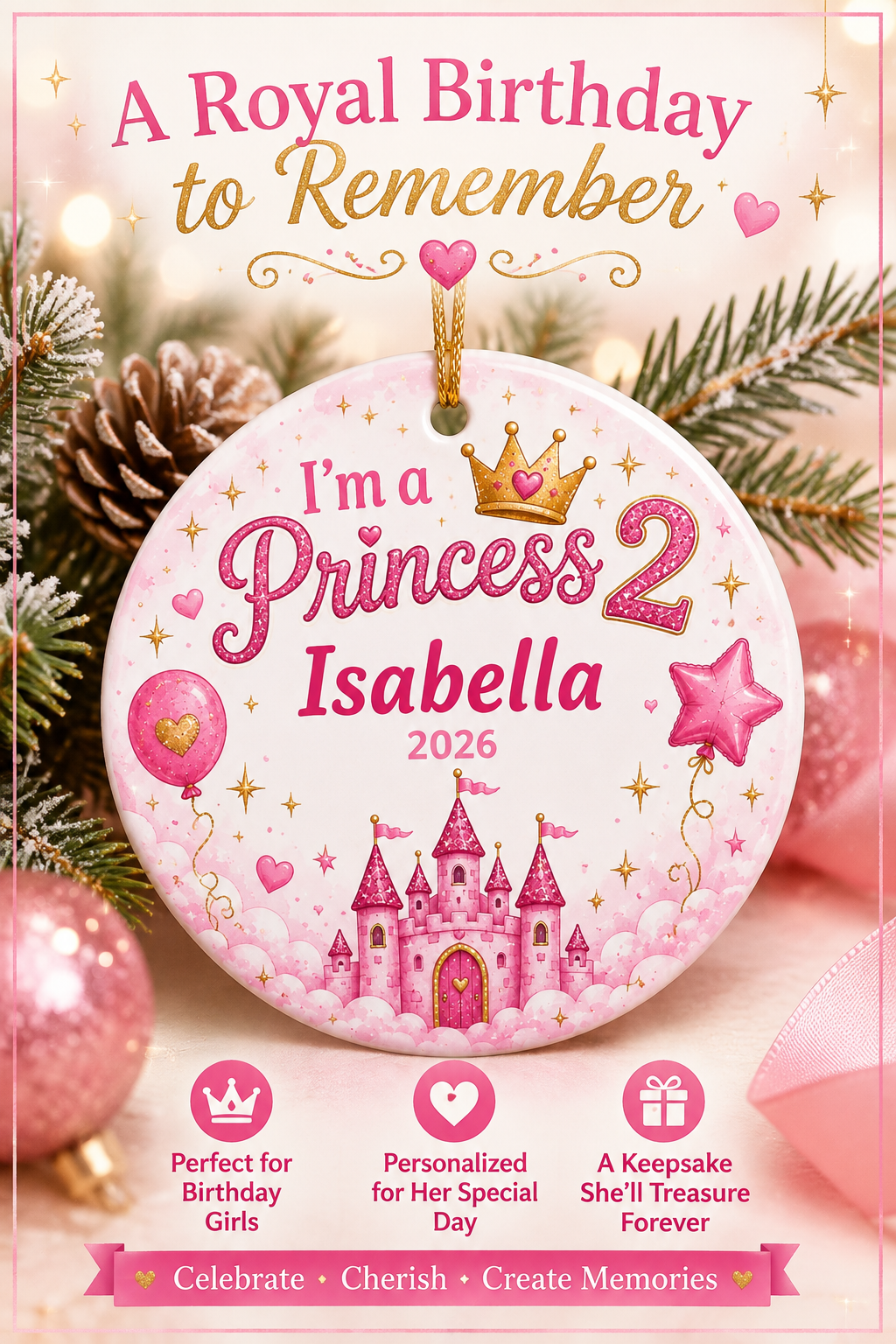 Personalized 2nd Birthday Ornament, Im a Princess 2 Ornament, Princess Birthday Gift for Girl, Custom Name Year Christmas Ornament