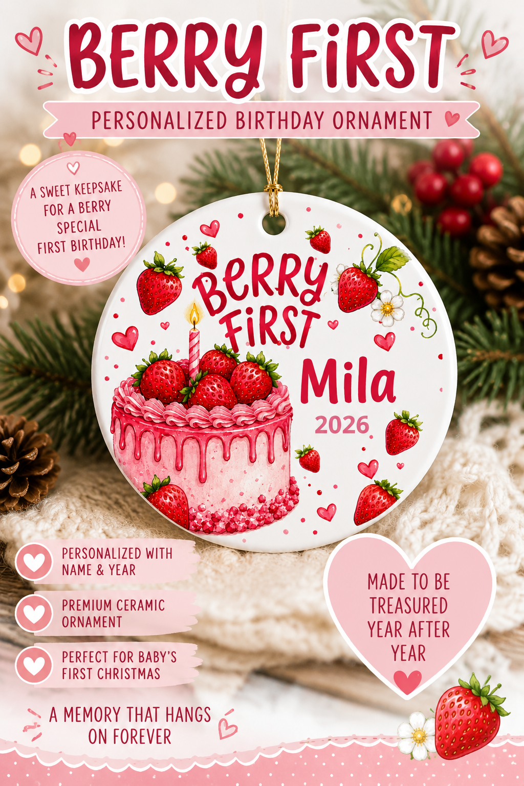 Berry First Birthday Ornament, Personalized Strawberry First Birthday Gift, Baby Girl 1st Birthday Christmas Ornament, Name Year Keepsake