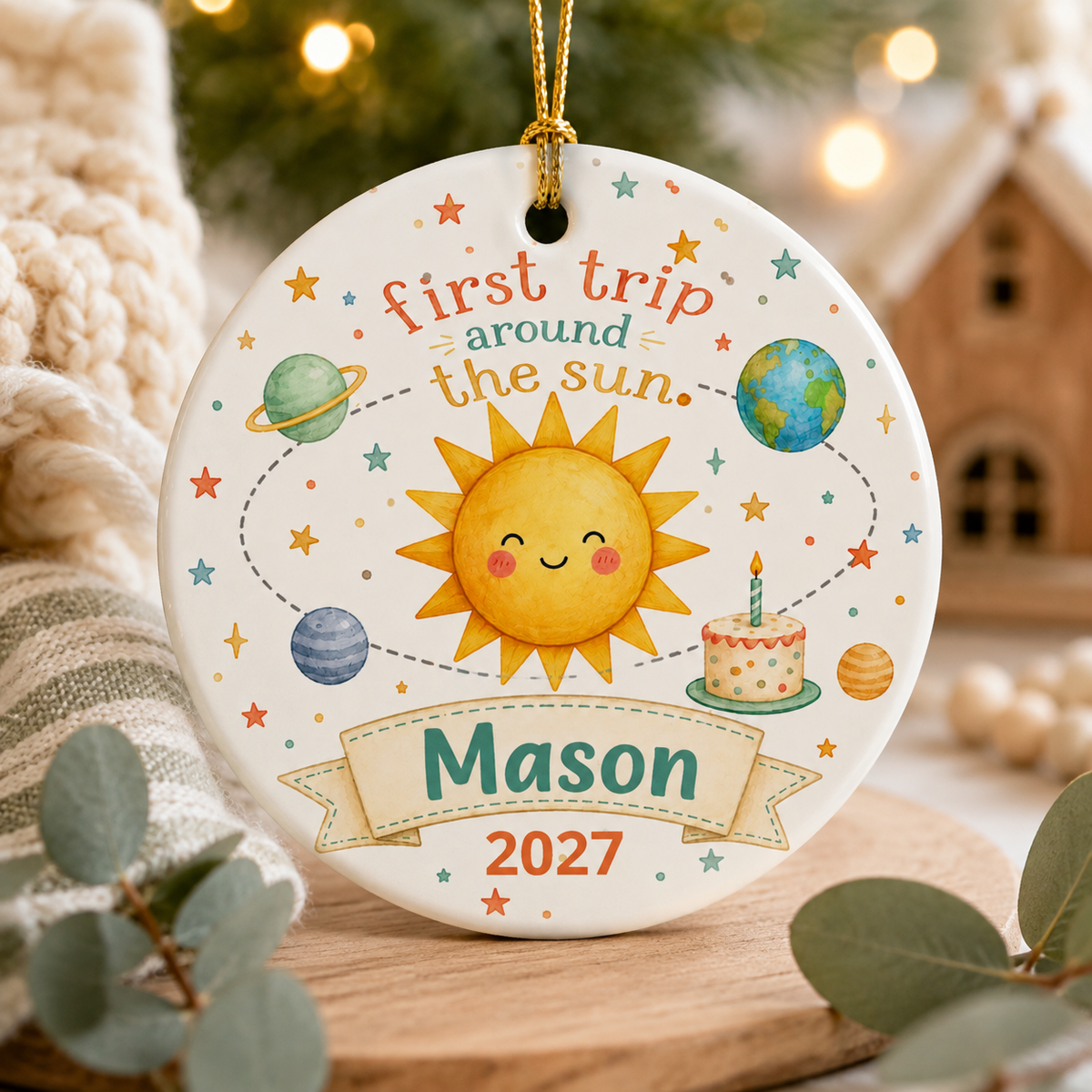 First Trip Around the Sun Ornament, Personalized First Birthday Ornament, Baby First Christmas Keepsake, Name and Year Ornament