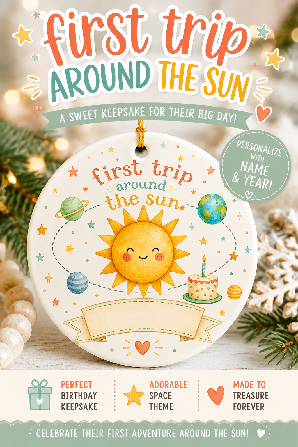 First Trip Around the Sun Ornament, Personalized First Birthday Ornament, Baby First Christmas Keepsake, Name and Year Ornament