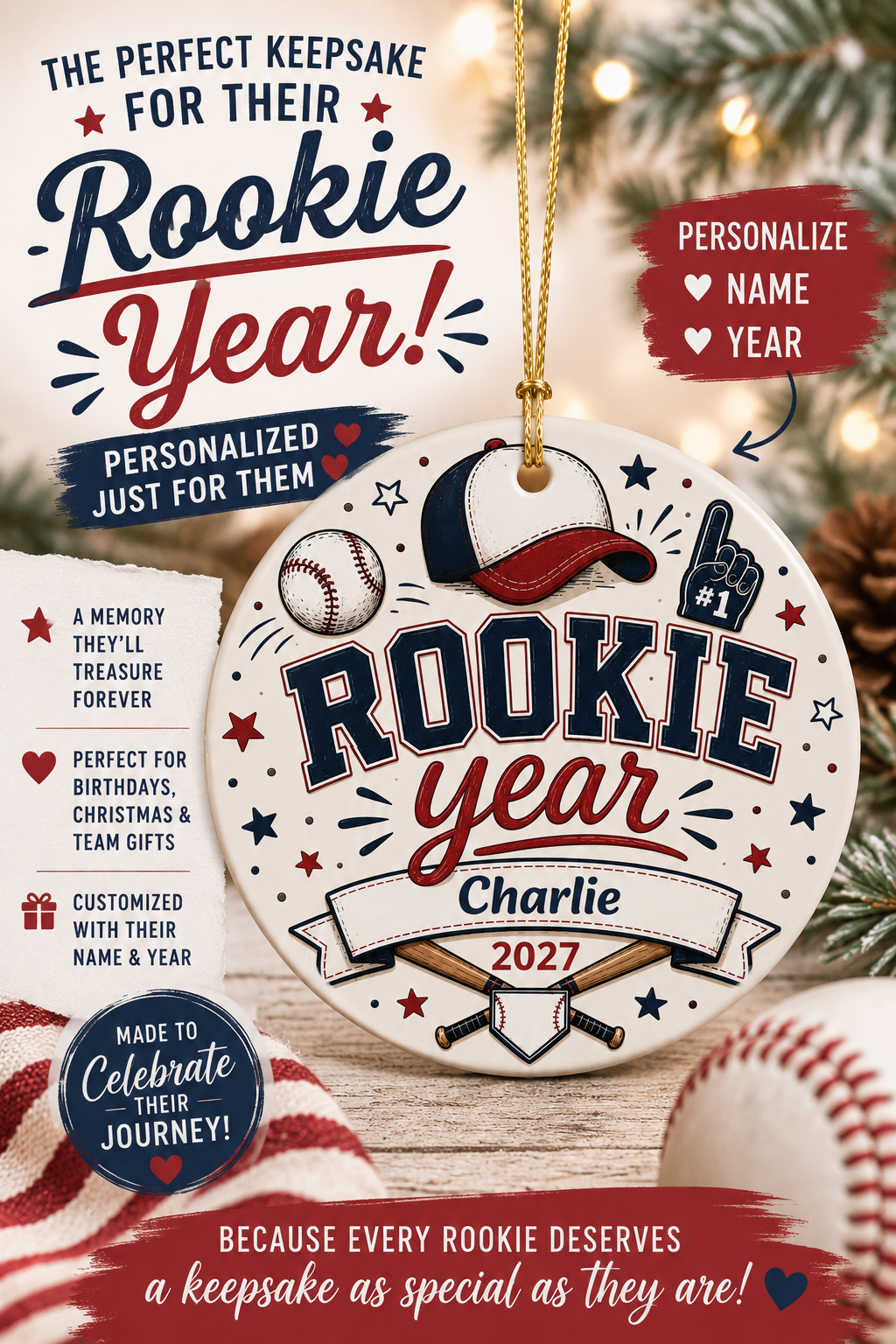 Personalized Rookie Year Baseball Ornament, First Birthday Baseball Ornament, Boys Sports Christmas Keepsake, Name Year Ornament
