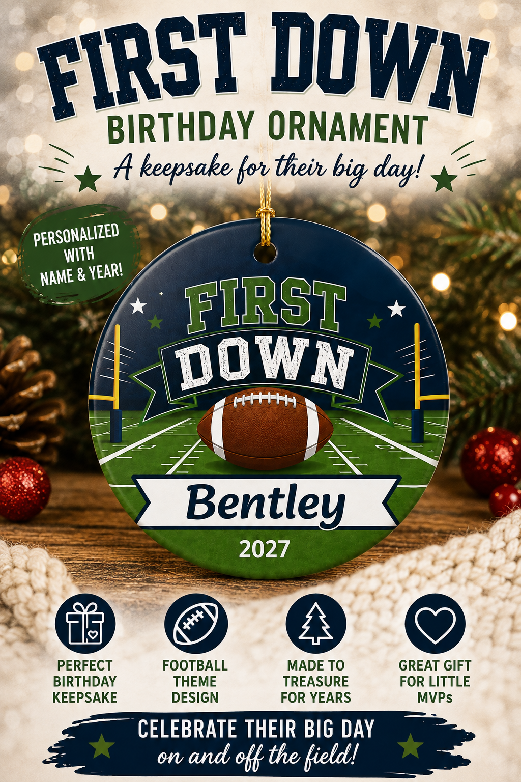 Personalized First Down Birthday Ornament, Football Birthday Keepsake, 1st Birthday Football Gift, Custom Name Year Christmas Ornament