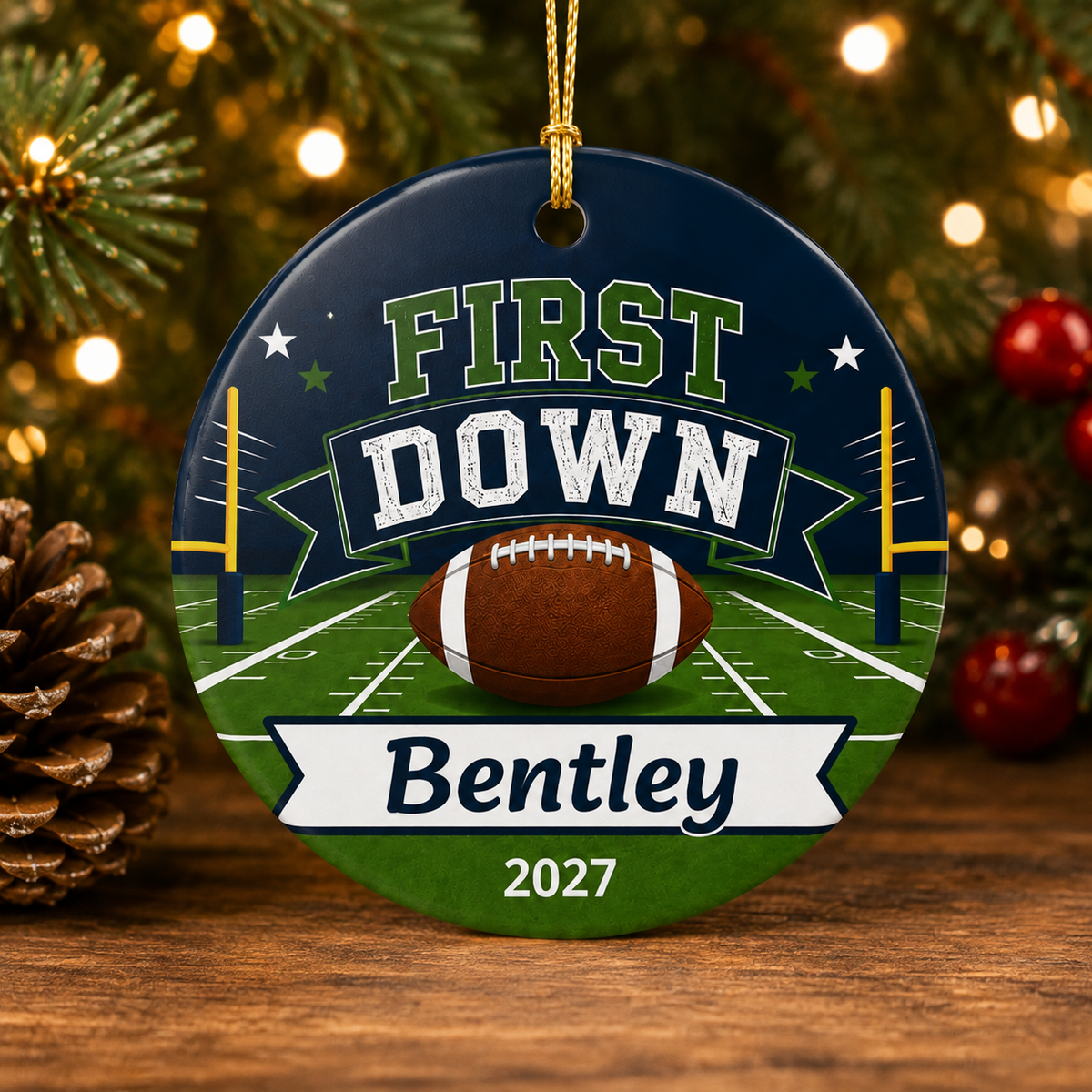 Personalized First Down Birthday Ornament, Football Birthday Keepsake, 1st Birthday Football Gift, Custom Name Year Christmas Ornament
