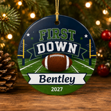 Personalized First Down Birthday Ornament, Football Birthday Keepsake, 1st Birthday Football Gift, Custom Name Year Christmas Ornament