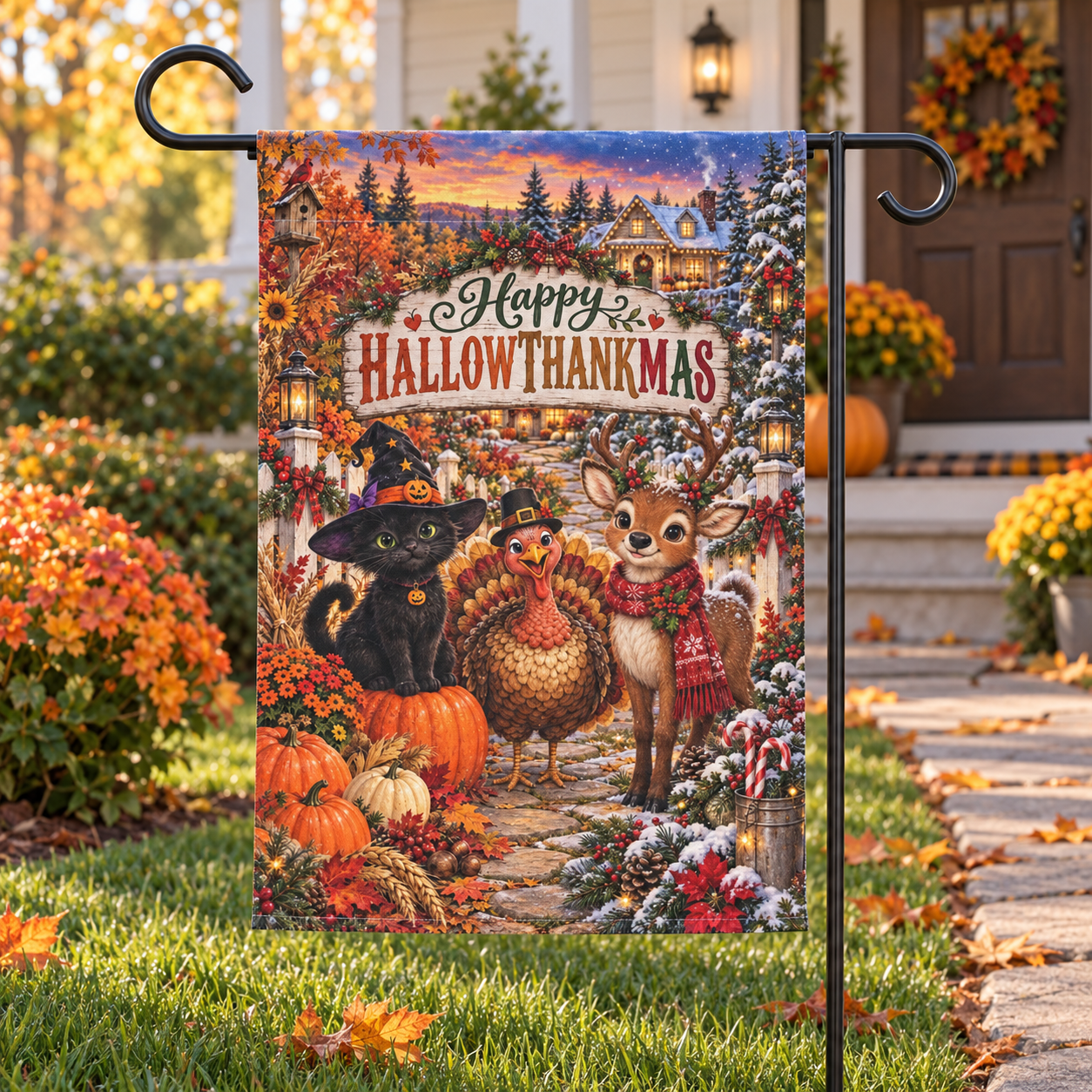 Happy Hallowthankmas Garden Flag, Halloween Thanksgiving Christmas Yard Decor, Black Cat Turkey Reindeer Flag