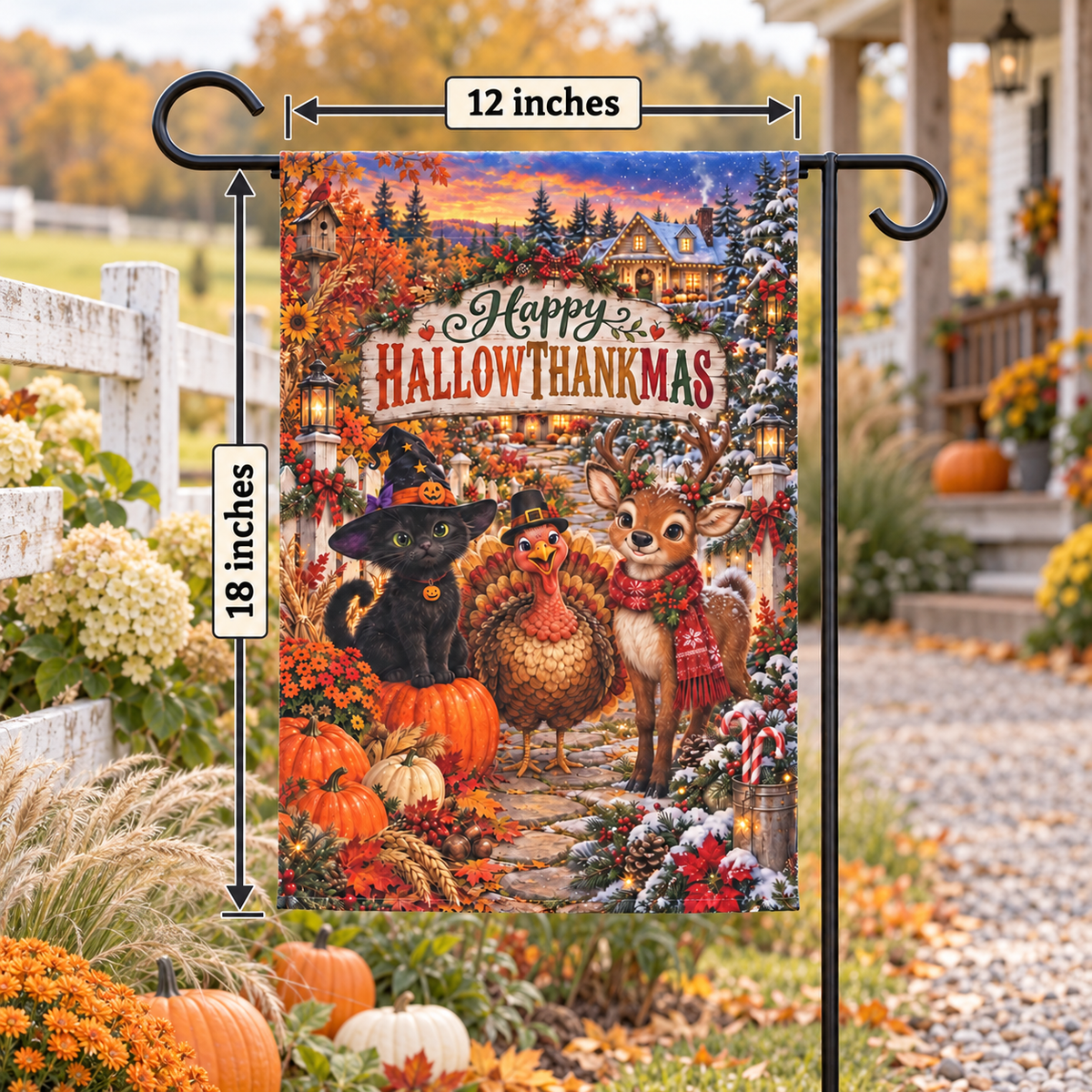 Happy Hallowthankmas Garden Flag, Halloween Thanksgiving Christmas Yard Decor, Black Cat Turkey Reindeer Flag