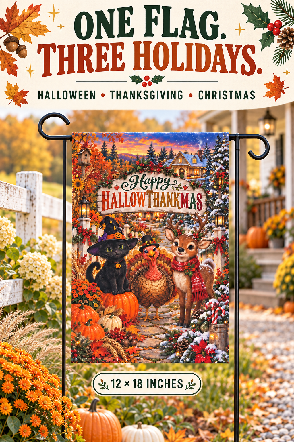 Happy Hallowthankmas Garden Flag, Halloween Thanksgiving Christmas Yard Decor, Black Cat Turkey Reindeer Flag