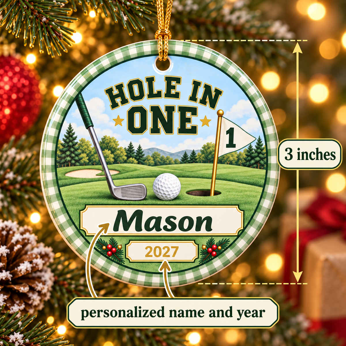 Personalized Hole In One Ornament, First Birthday Golf Christmas Ornament, One Par-Tee Baby Boy Keepsake, Name Year Ornament