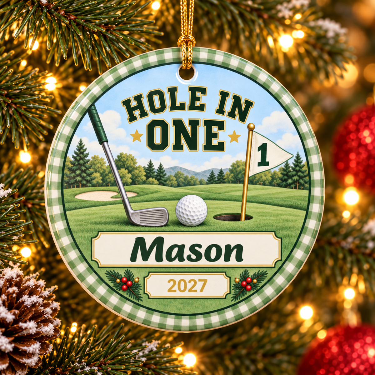 Personalized Hole In One Ornament, First Birthday Golf Christmas Ornament, One Par-Tee Baby Boy Keepsake, Name Year Ornament
