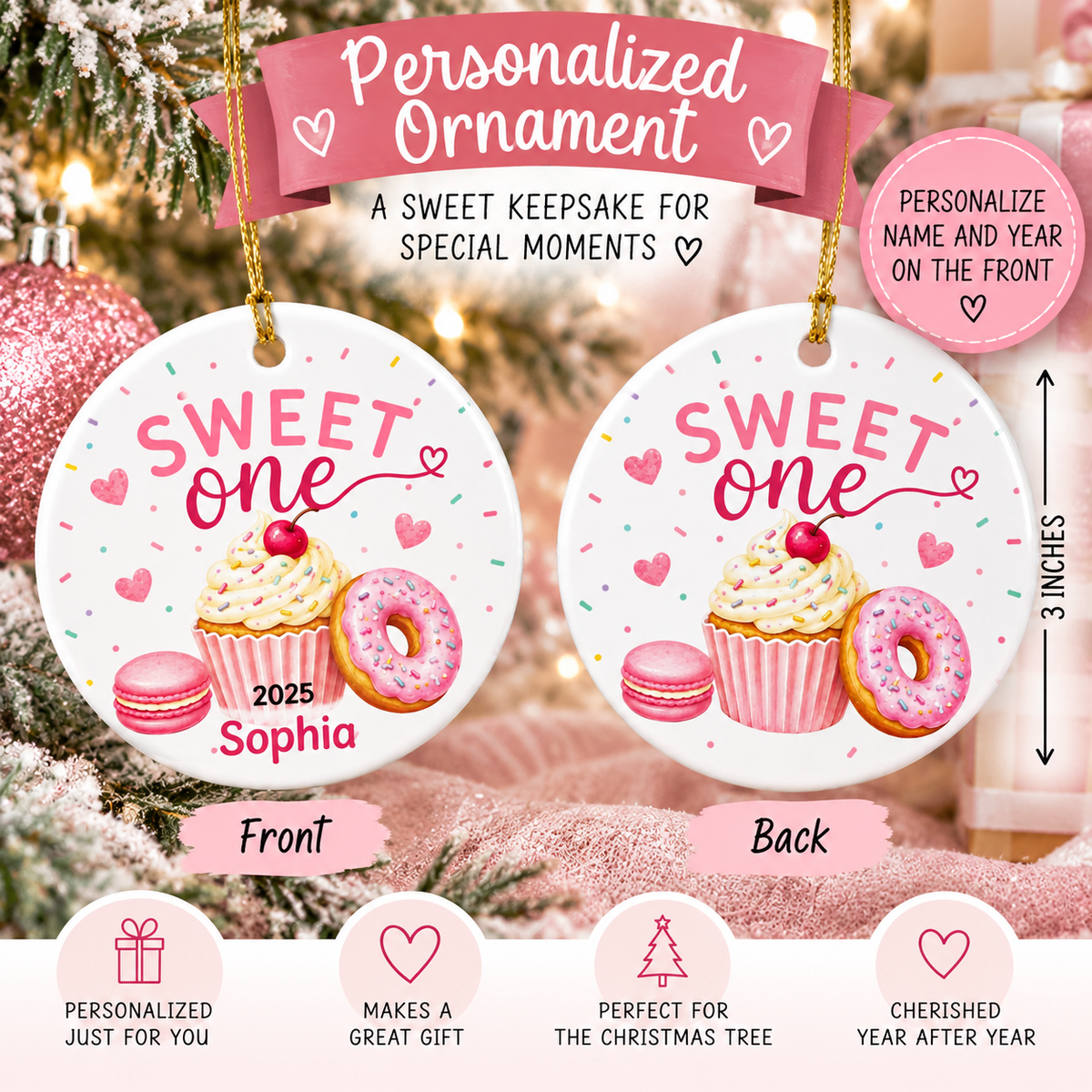 Sweet One Birthday Ornament, Personalized 1st Birthday Christmas Ornament, First Birthday Keepsake, Name and Year Ornament