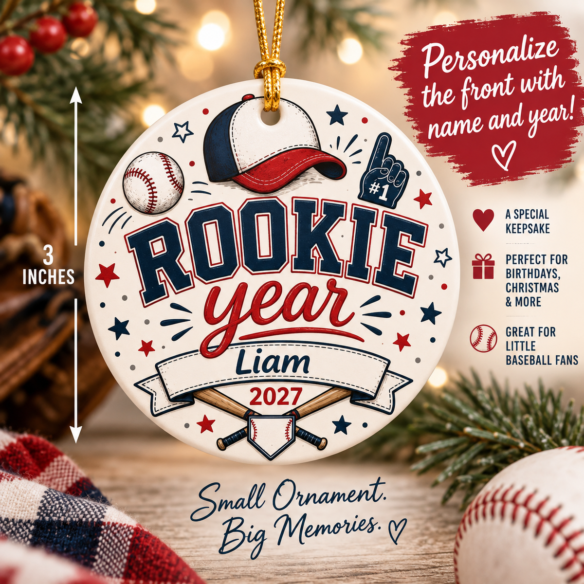 Personalized Rookie Year Baseball Ornament, First Birthday Baseball Ornament, Boys Sports Christmas Keepsake, Name Year Ornament