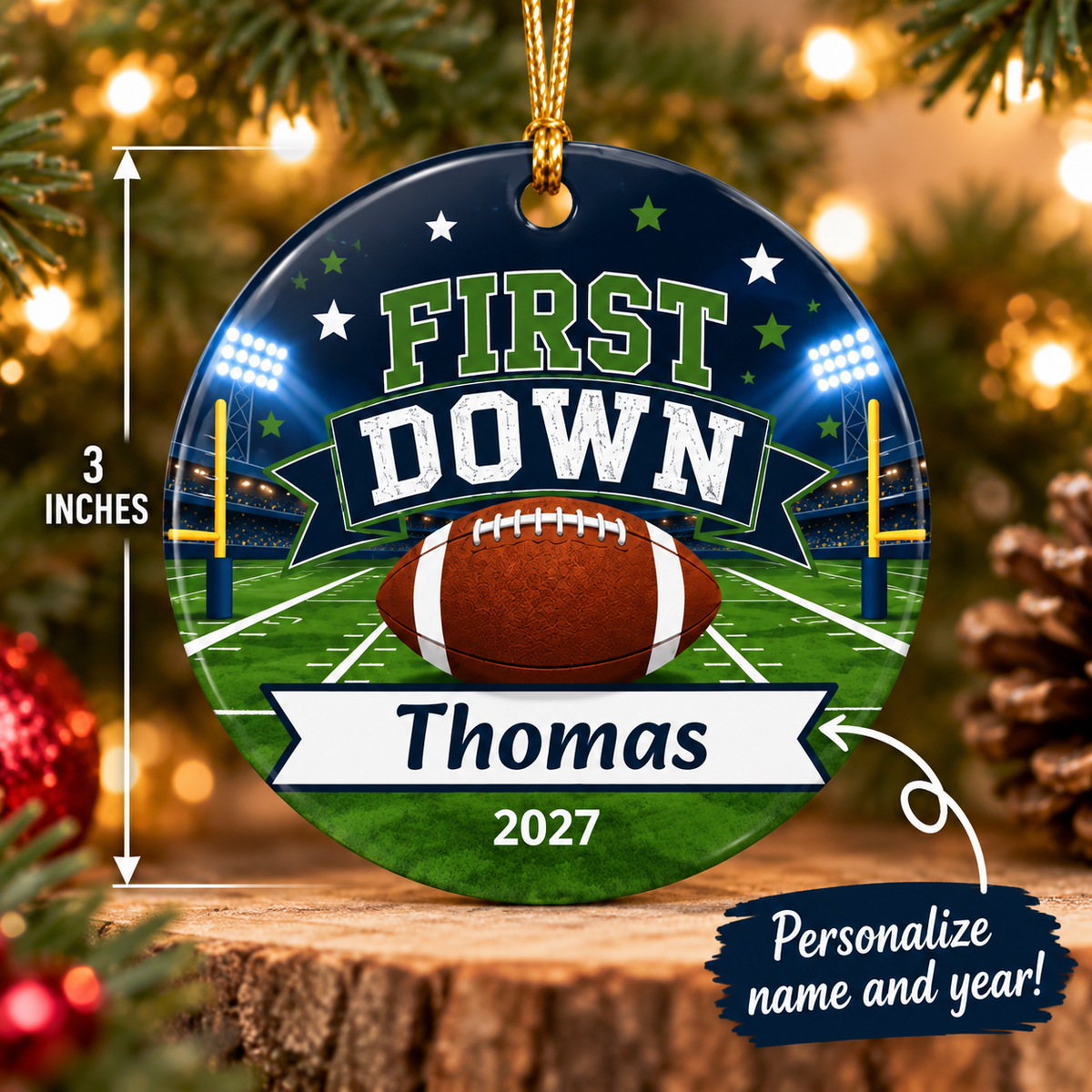 Personalized First Down Birthday Ornament, Football Birthday Keepsake, 1st Birthday Football Gift, Custom Name Year Christmas Ornament