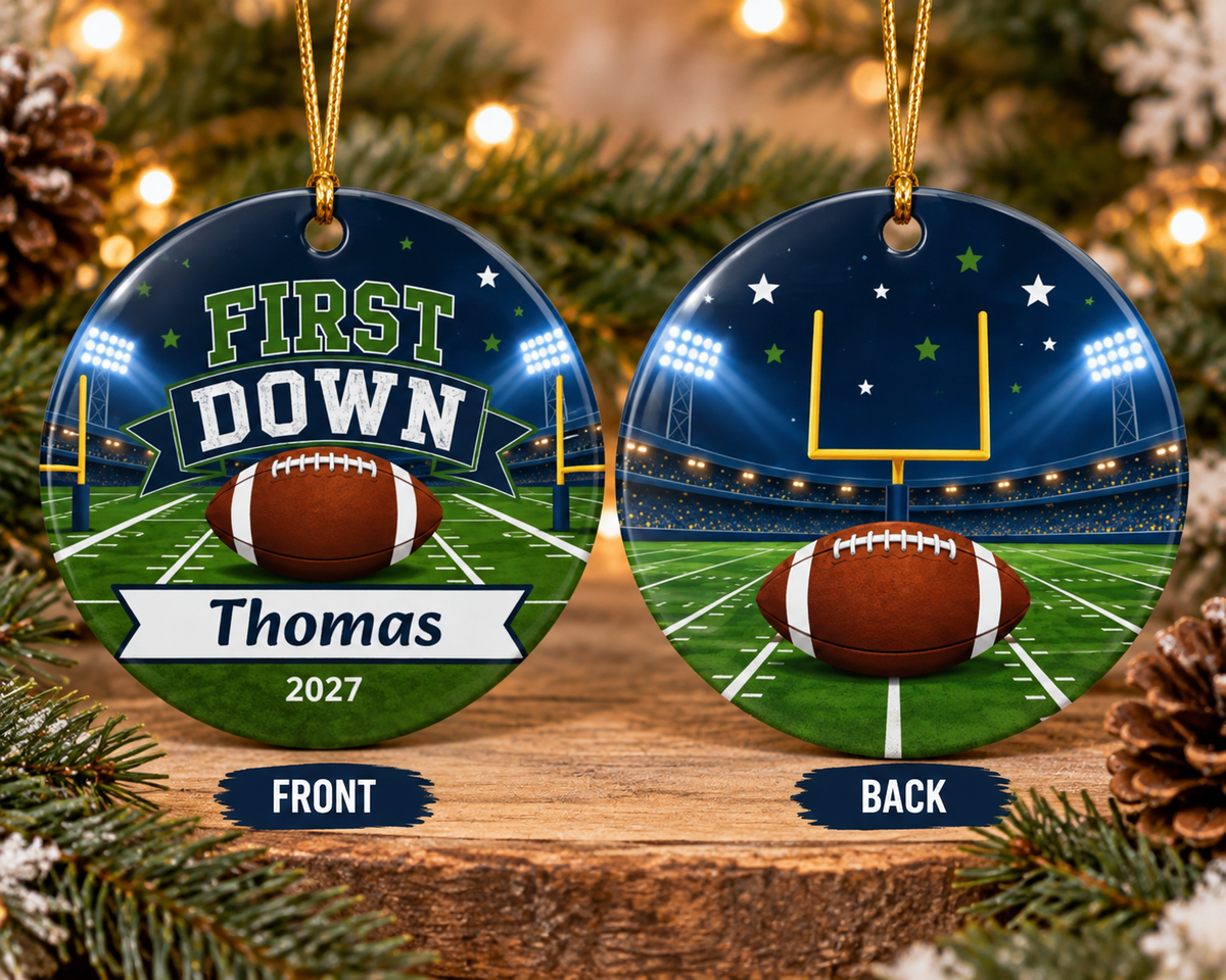 Personalized First Down Birthday Ornament, Football Birthday Keepsake, 1st Birthday Football Gift, Custom Name Year Christmas Ornament