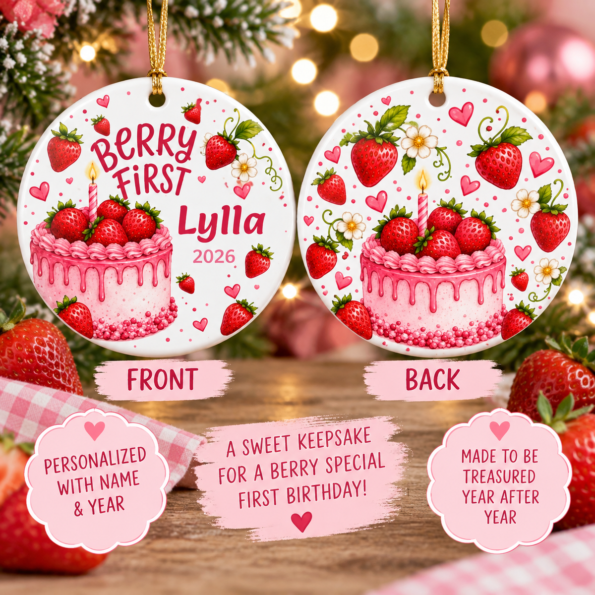 Berry First Birthday Ornament, Personalized Strawberry First Birthday Gift, Baby Girl 1st Birthday Christmas Ornament, Name Year Keepsake