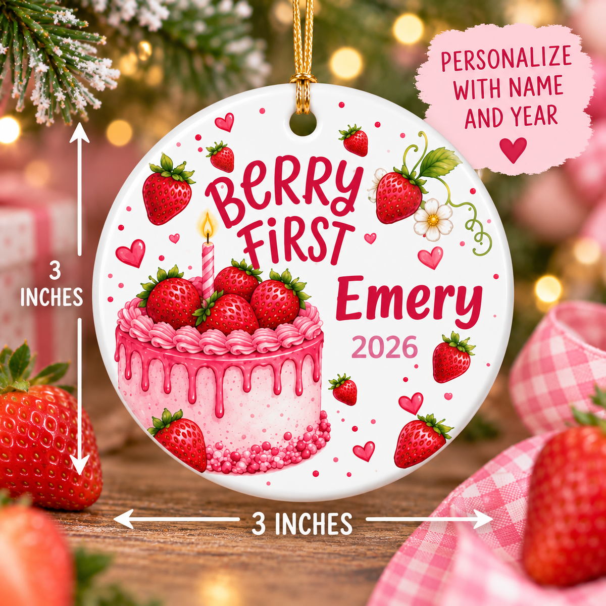 Berry First Birthday Ornament, Personalized Strawberry First Birthday Gift, Baby Girl 1st Birthday Christmas Ornament, Name Year Keepsake