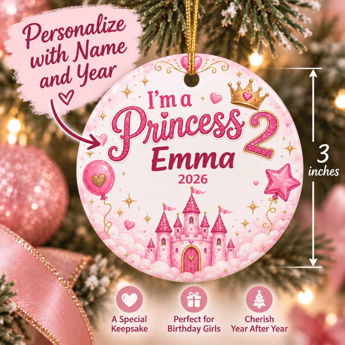 Personalized 2nd Birthday Ornament, Im a Princess 2 Ornament, Princess Birthday Gift for Girl, Custom Name Year Christmas Ornament