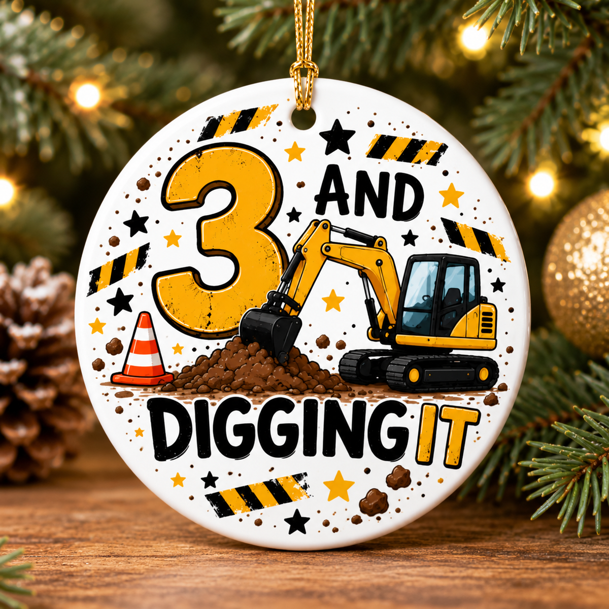 Personalized 3 And Digging It Ornament, 3rd Birthday Ornament, Construction Ornament, Excavator Birthday Gift, Third Birthday Keepsake
