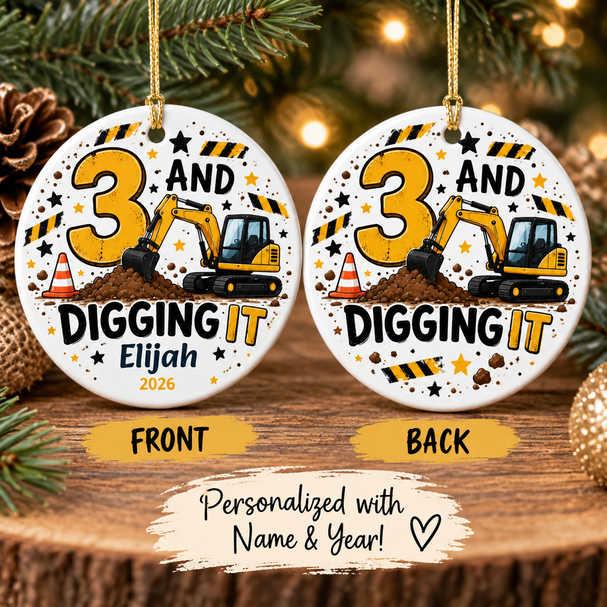 Personalized 3 And Digging It Ornament, 3rd Birthday Ornament, Construction Ornament, Excavator Birthday Gift, Third Birthday Keepsake