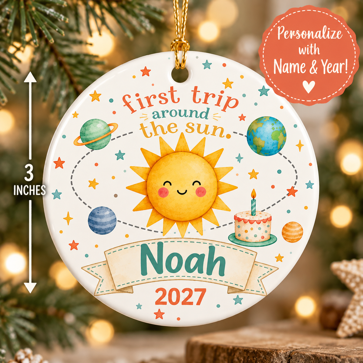 First Trip Around the Sun Ornament, Personalized First Birthday Ornament, Baby First Christmas Keepsake, Name and Year Ornament