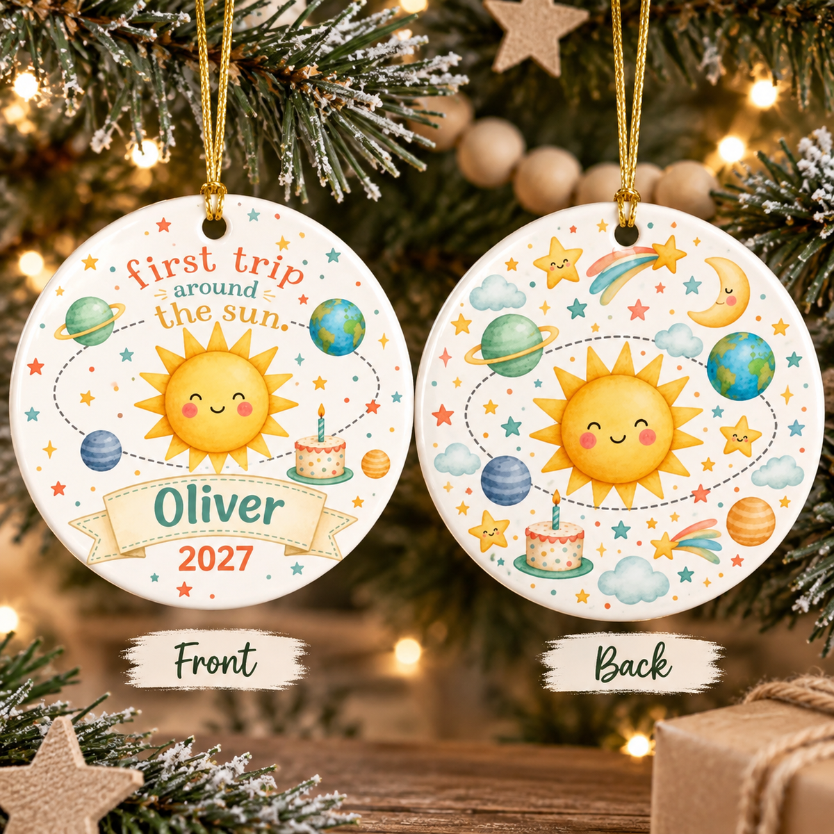 First Trip Around the Sun Ornament, Personalized First Birthday Ornament, Baby First Christmas Keepsake, Name and Year Ornament