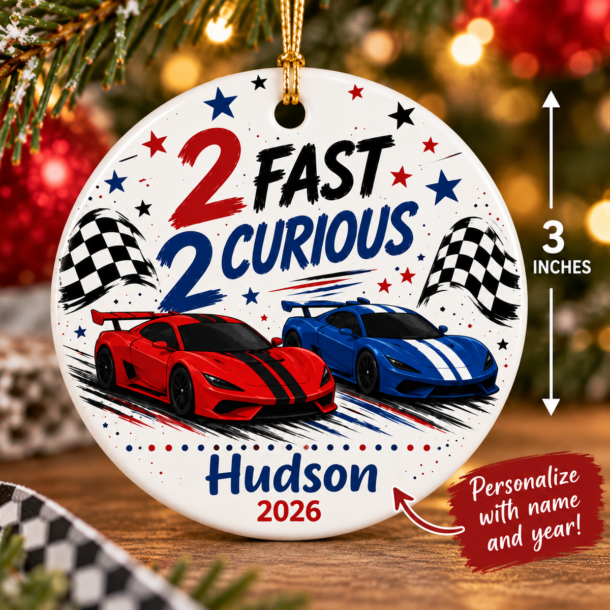 Two Fast Two Curious Ornament, Personalized 2nd Birthday Ornament, Race Car Birthday Keepsake, Boys Racing Birthday Gift, Name Year Ornament