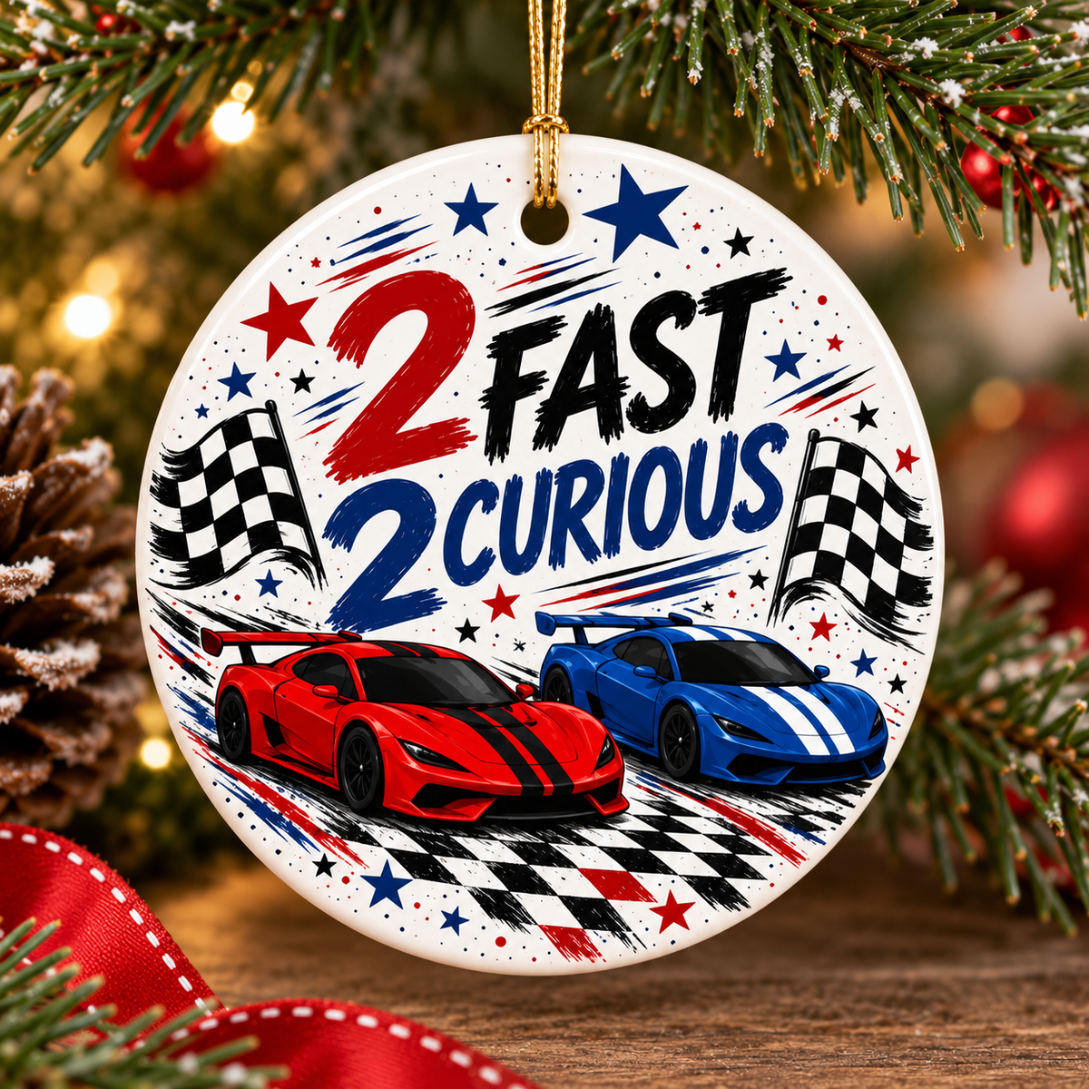 Two Fast Two Curious Ornament, Personalized 2nd Birthday Ornament, Race Car Birthday Keepsake, Boys Racing Birthday Gift, Name Year Ornament