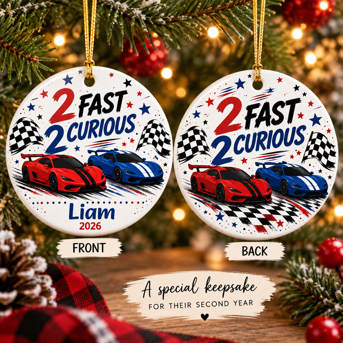 Two Fast Two Curious Ornament, Personalized 2nd Birthday Ornament, Race Car Birthday Keepsake, Boys Racing Birthday Gift, Name Year Ornament