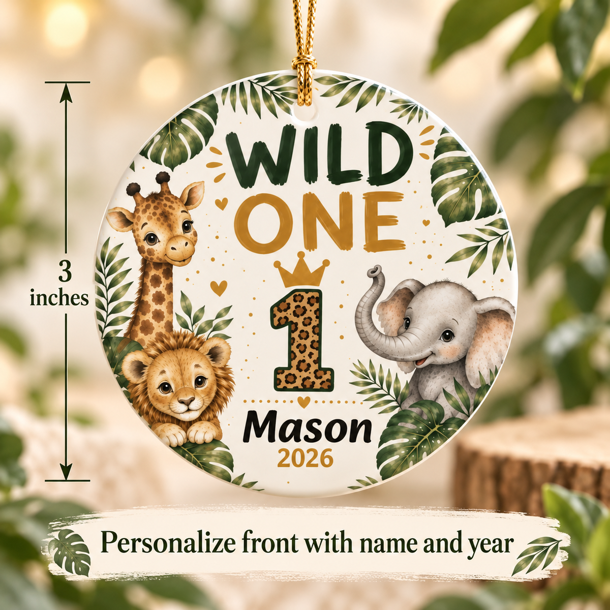 Wild One Personalized Ornament, Safari 1st Birthday Ornament, First Birthday Keepsake, Jungle Birthday Gift, Custom Name Ornament
