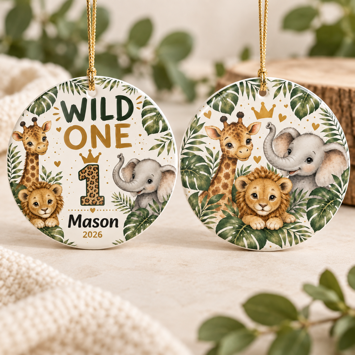Wild One Personalized Ornament, Safari 1st Birthday Ornament, First Birthday Keepsake, Jungle Birthday Gift, Custom Name Ornament