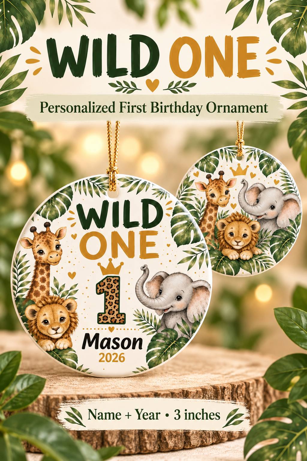 Wild One Personalized Ornament, Safari 1st Birthday Ornament, First Birthday Keepsake, Jungle Birthday Gift, Custom Name Ornament