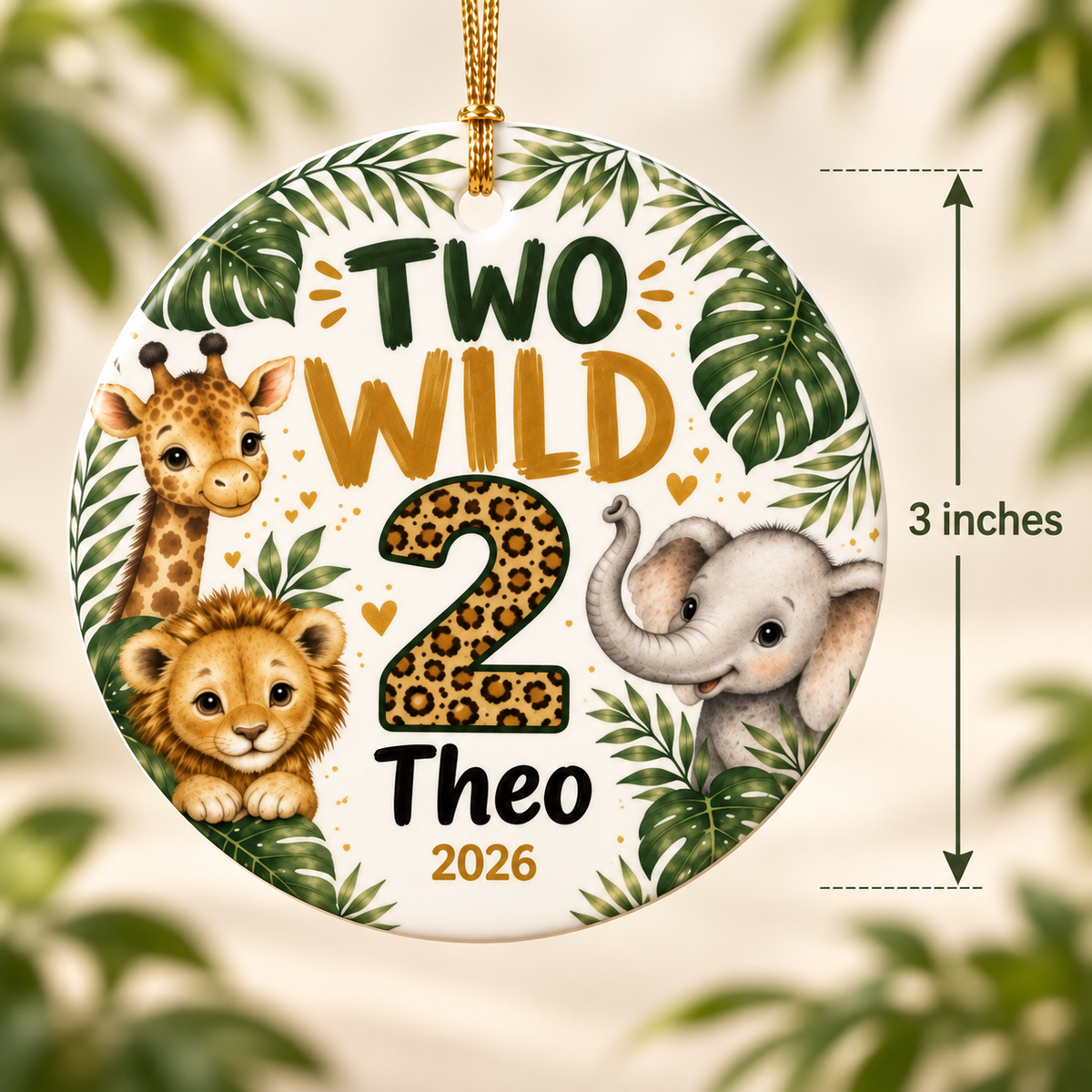 Two Wild Personalized Ornament, 2nd Birthday Ornament, Safari Birthday Keepsake, Jungle Second Birthday Gift, Custom Name Ornament