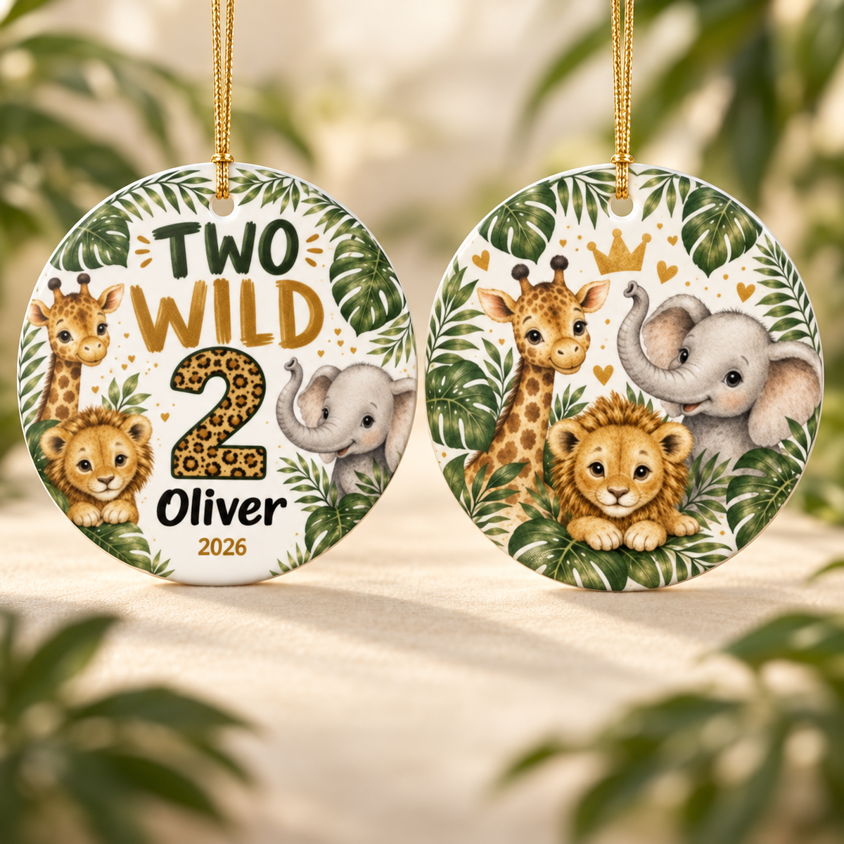 Two Wild Personalized Ornament, 2nd Birthday Ornament, Safari Birthday Keepsake, Jungle Second Birthday Gift, Custom Name Ornament