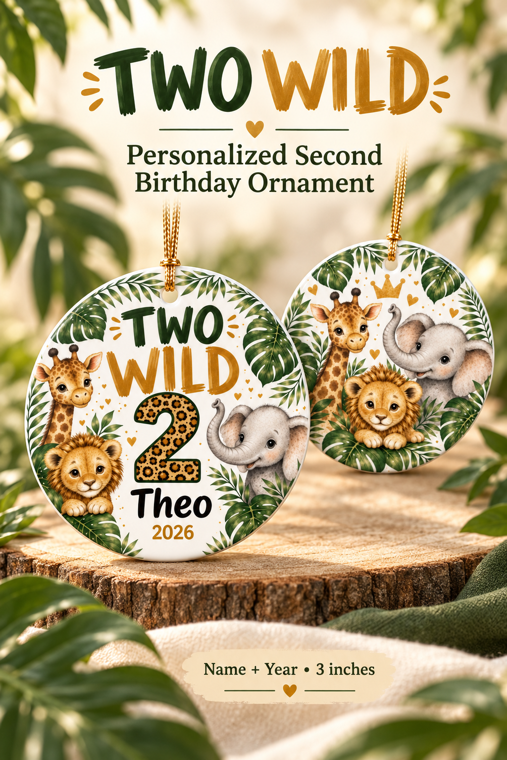 Two Wild Personalized Ornament, 2nd Birthday Ornament, Safari Birthday Keepsake, Jungle Second Birthday Gift, Custom Name Ornament