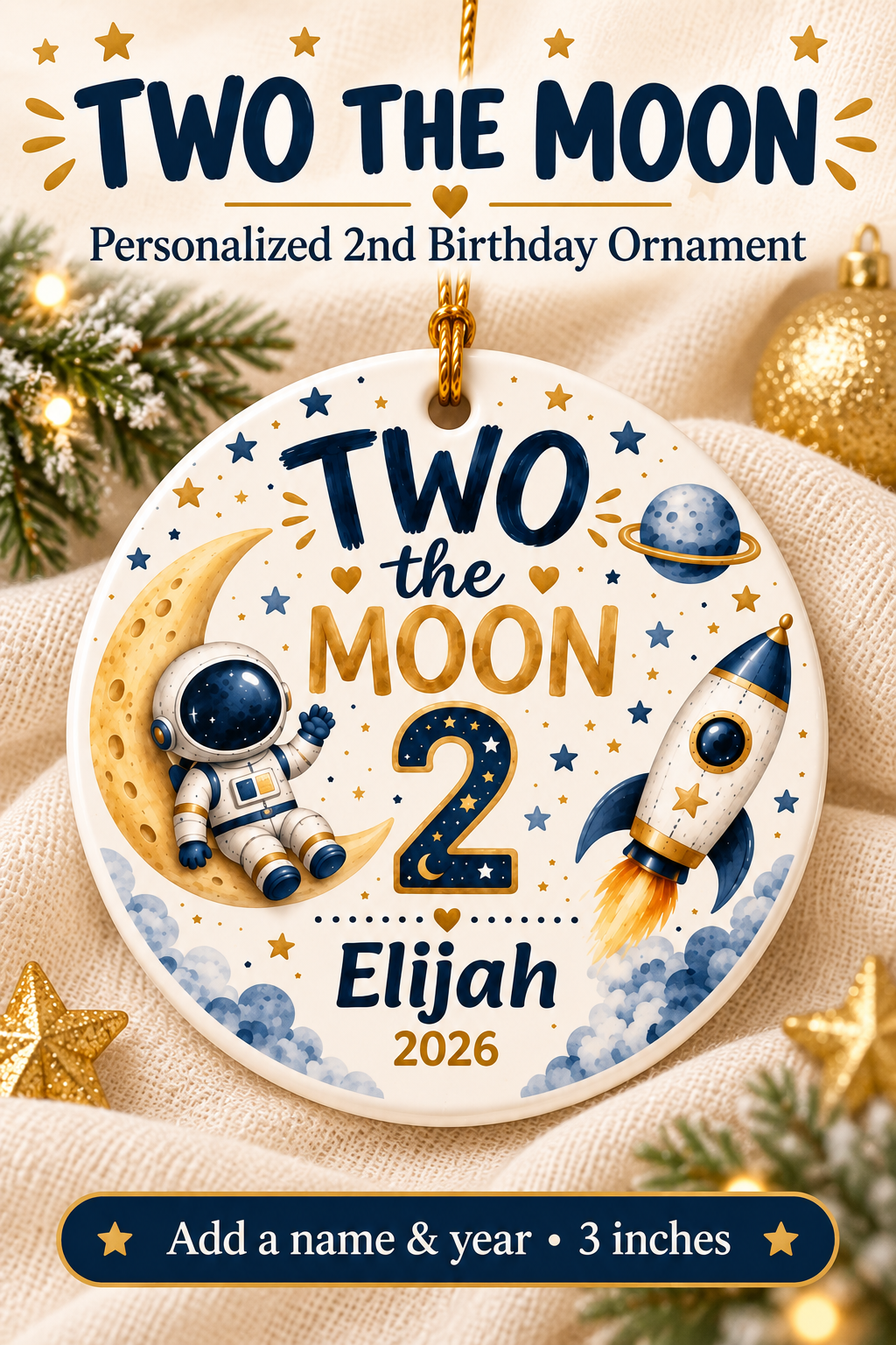 Two the Moon Personalized Ornament, 2nd Birthday Ornament, Space Birthday Keepsake, Custom Name Ornament, Astronaut Birthday Gift