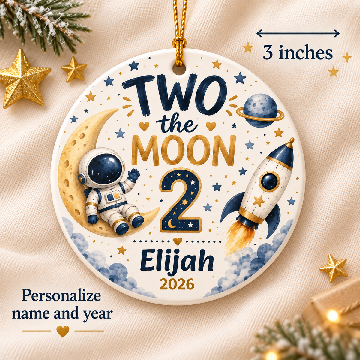 Two the Moon Personalized Ornament, 2nd Birthday Ornament, Space Birthday Keepsake, Custom Name Ornament, Astronaut Birthday Gift