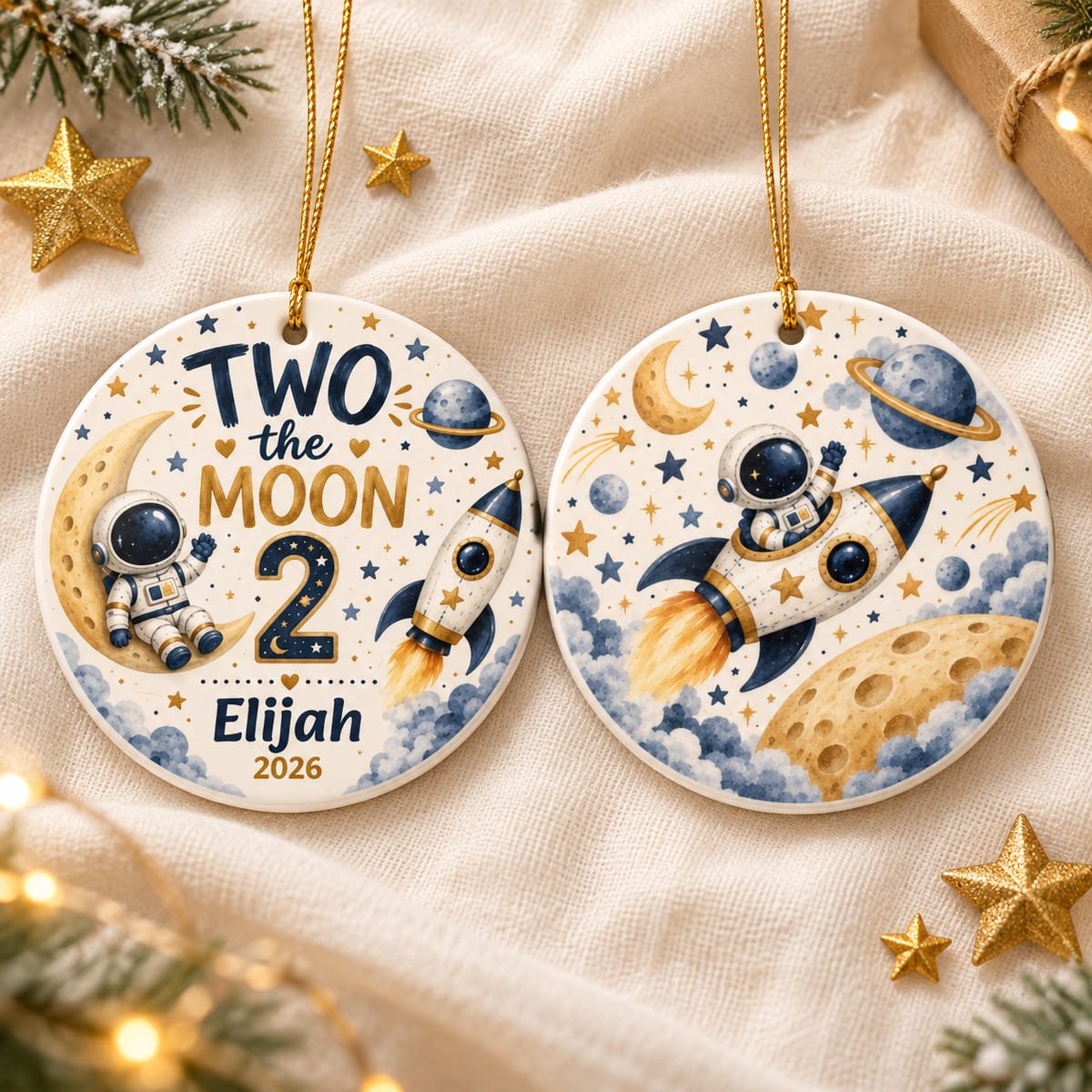 Two the Moon Personalized Ornament, 2nd Birthday Ornament, Space Birthday Keepsake, Custom Name Ornament, Astronaut Birthday Gift