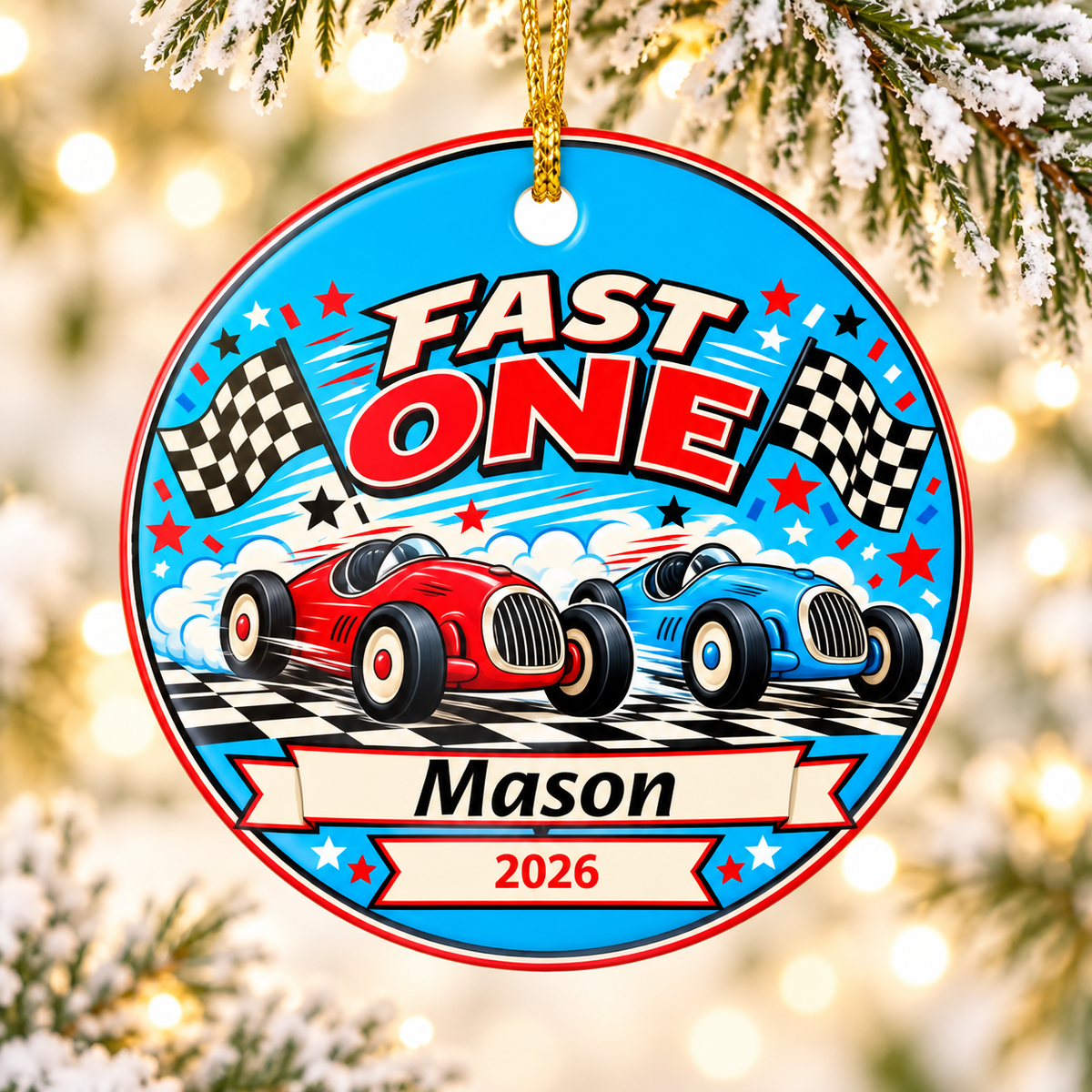 Personalized Fast One Race Car Ornament, First Birthday Keepsake, Custom Name and Date Christmas Ornament, Racing Birthday