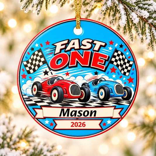 Personalized Fast One Race Car Ornament, First Birthday Keepsake, Custom Name and Date Christmas Ornament, Racing Birthday