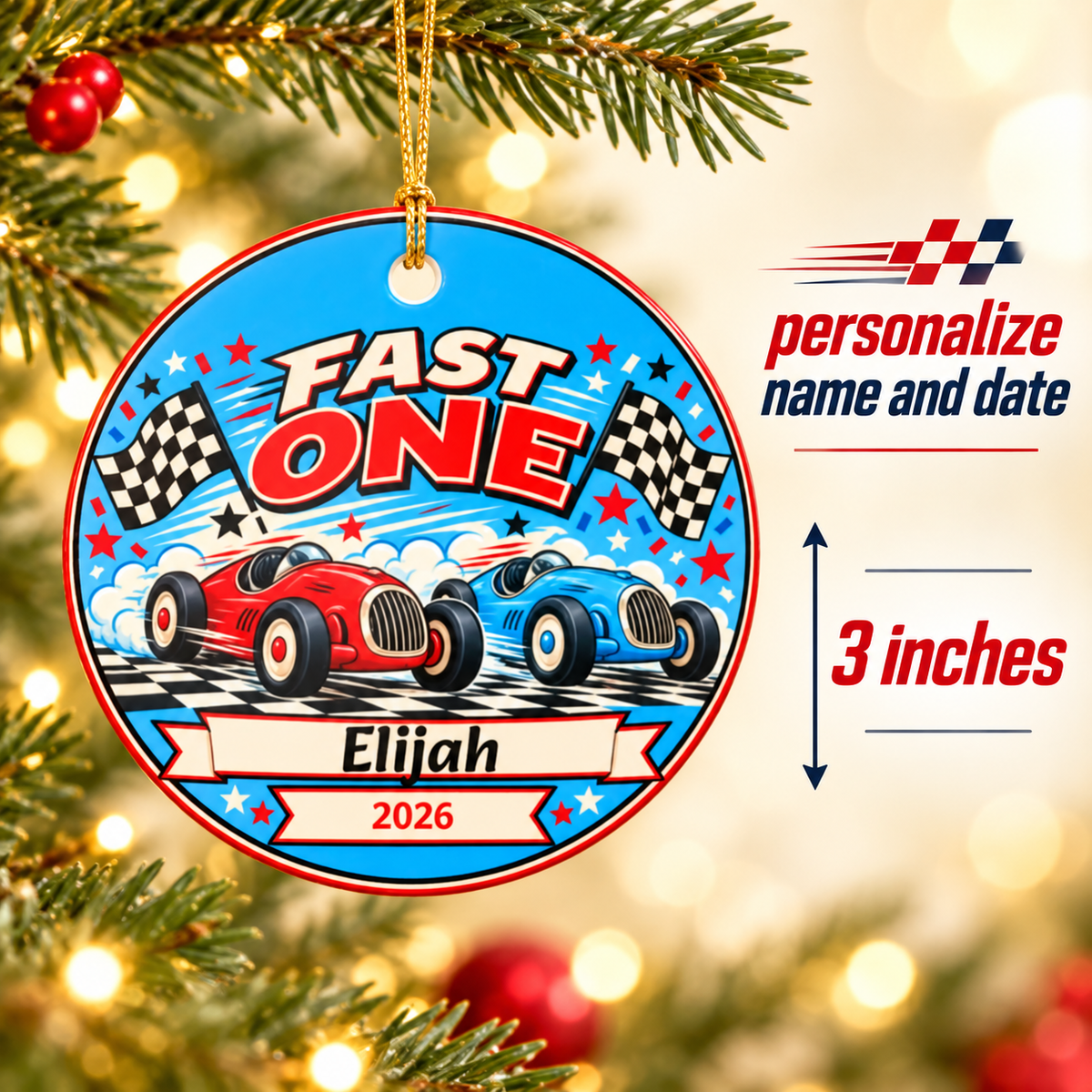 Personalized Fast One Race Car Ornament, First Birthday Keepsake, Custom Name and Date Christmas Ornament, Racing Birthday