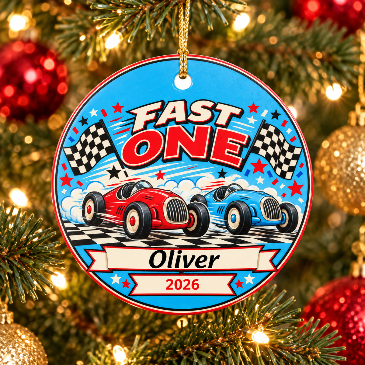 Personalized Fast One Race Car Ornament, First Birthday Keepsake, Custom Name and Date Christmas Ornament, Racing Birthday